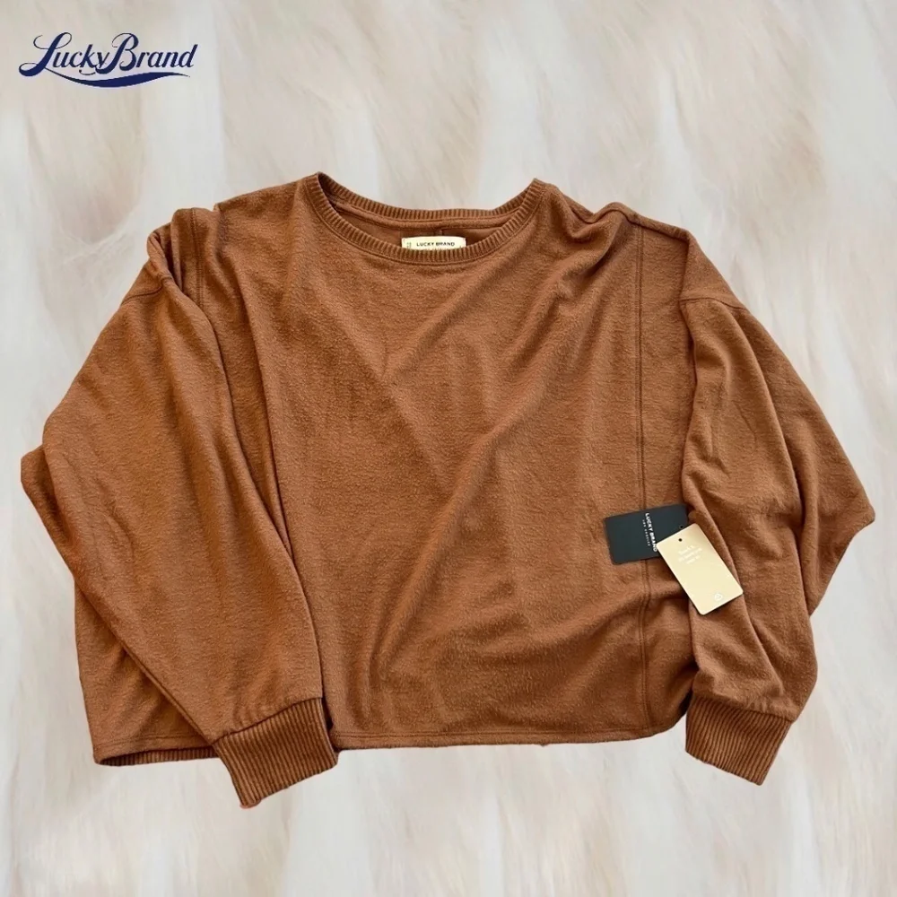 LUCKY BRAND Cloud Jersey Exposed Seam Relaxed Long Sleeve Top-Caramel/Lg/NWT